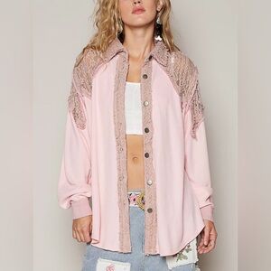 POL Pink Lace-Trimmed Button-Up Shirt